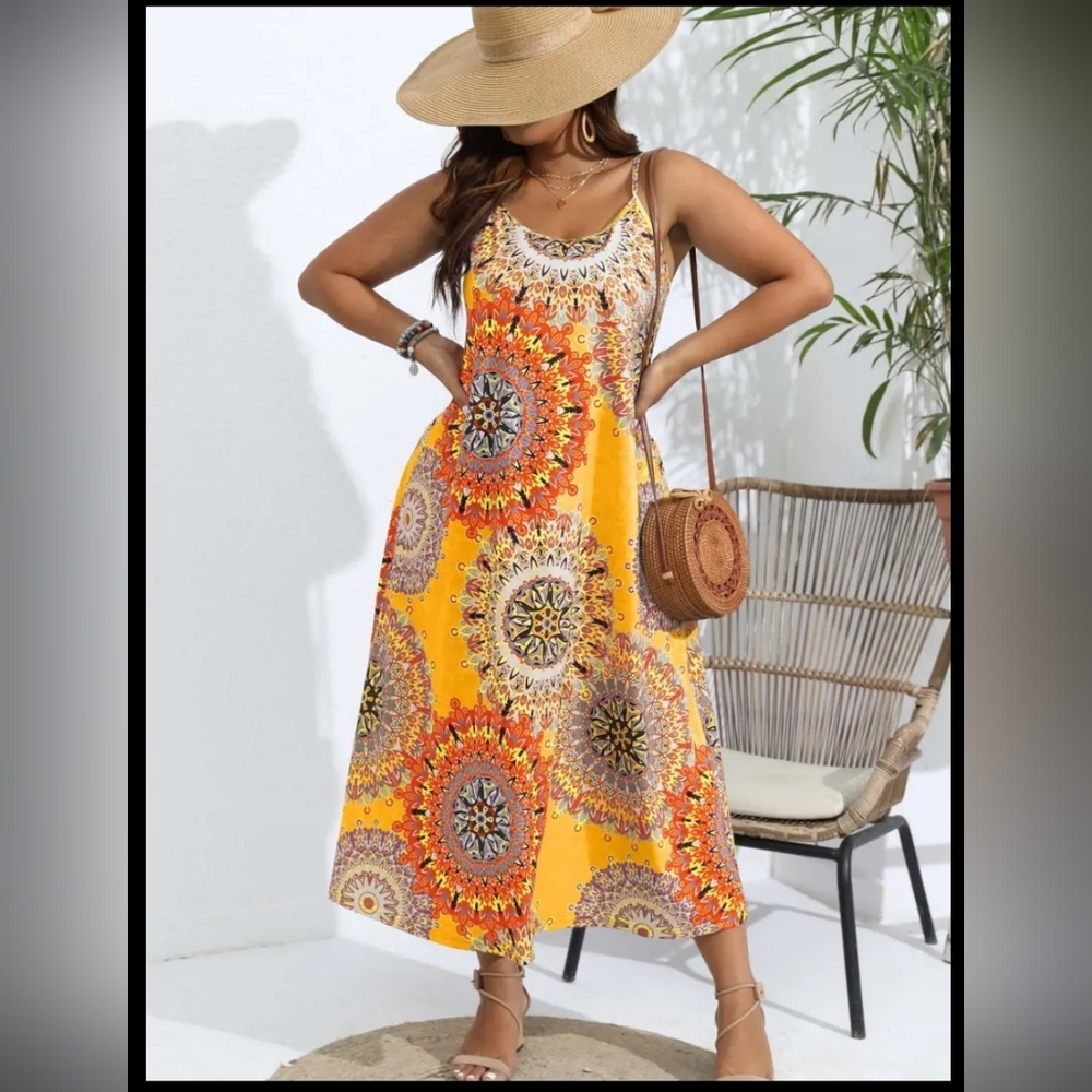 Flowy Plus Size Maxi Dress with Mandala Design